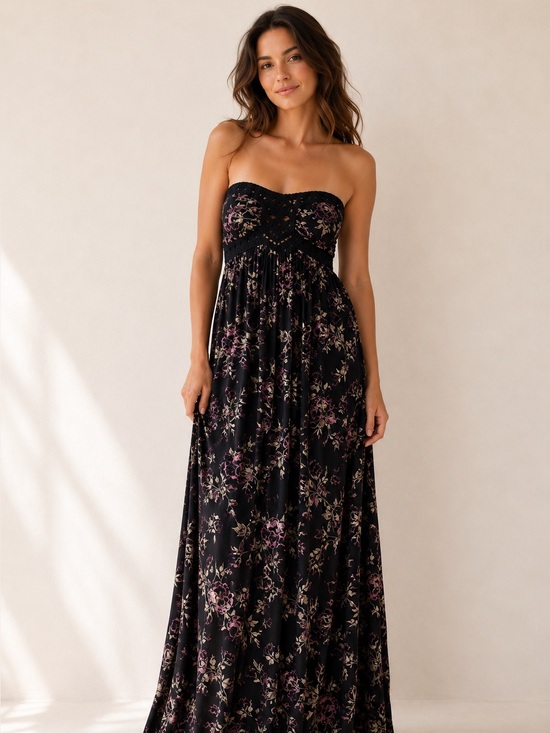 Kismet Dresses & Skirts - Women’s Kismet Strapless Black Floral Maxi Dress with Crochet Detail / Elegant